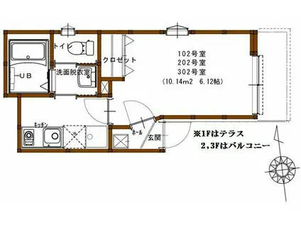 ハーミットクラブハウス白楽ソレイユ(1K/3階)の間取り写真