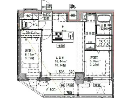 GENOVIA六町(2LDK/1階)の間取り写真