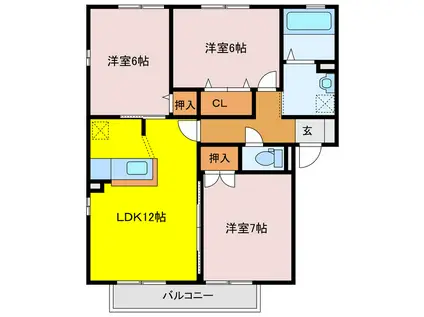 グランタイル高岡D棟(3LDK/1階)の間取り写真