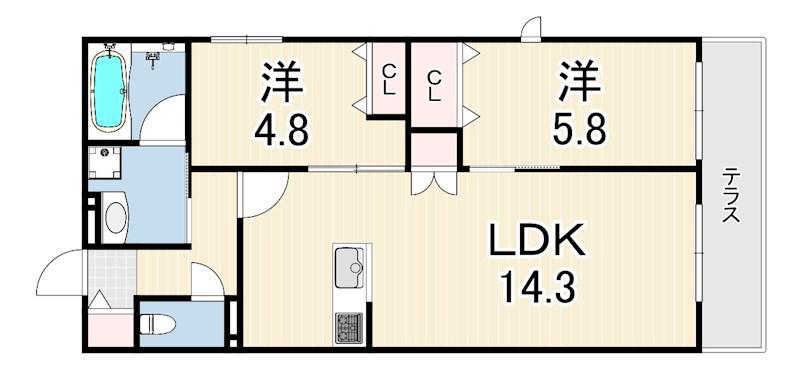 HEBEL MAISON 甲東園(2LDK/1階)の間取り写真