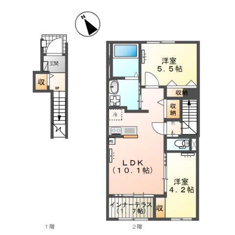スターテラスII雀の宮4丁目アパート(2LDK/2階)の間取り写真
