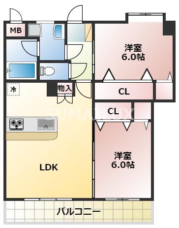 シオール壱番館(2LDK/3階)の間取り写真