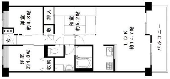 崇徳院ハイツN棟(3LDK/3階)の間取り写真
