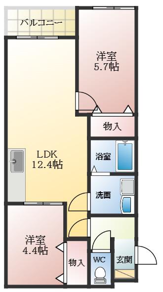 AND TERRACE 羽曳野(2LDK/2階)の間取り写真