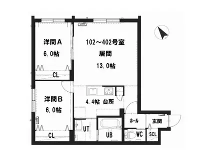 グランメール東札幌 5-5(2LDK/4階)の間取り写真