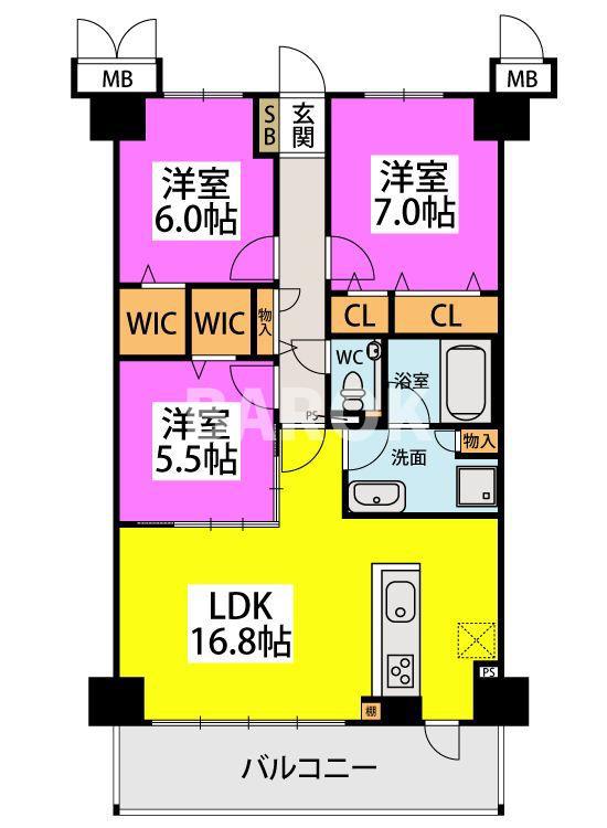 ラフィーネ大手門(3LDK/13階)の間取り写真
