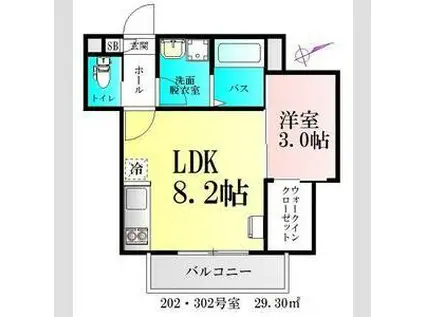 シャイニングパレス宮城野原(1LDK/2階)の間取り写真