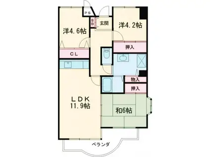 サニーヒル会瀬 1号館(3LDK/2階)の間取り写真