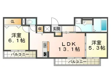 ワン ウェーブ 霞ヶ丘(2LDK/3階)の間取り写真