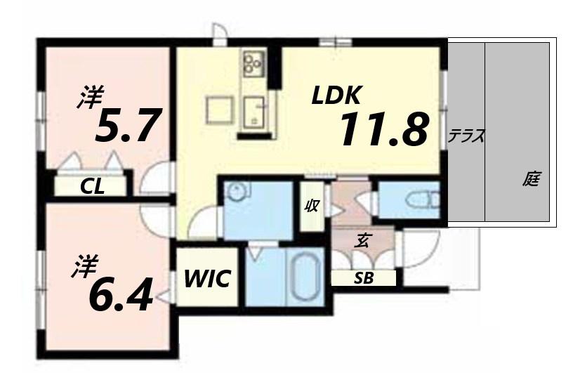 プロヌーブ砥堀(2LDK/1階)の間取り写真