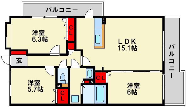 サンライトキャッスル(3LDK/6階)の間取り写真