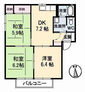 パークヒルA棟(3DK/1階)の間取り写真