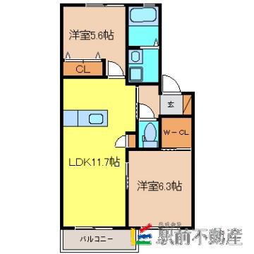 サンヒルズ田代B棟(2LDK/2階)の間取り写真