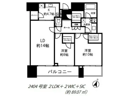 赤坂TOP OF THE HILL(2LDK/24階)の間取り写真