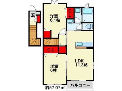 フェリオB(2LDK/2階)の間取り写真