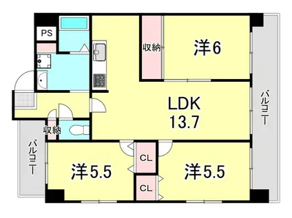 デュオ苦楽園(3LDK/3階)の間取り写真