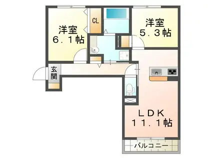 ワン ウェーブ 霞ヶ丘(2LDK/3階)の間取り写真
