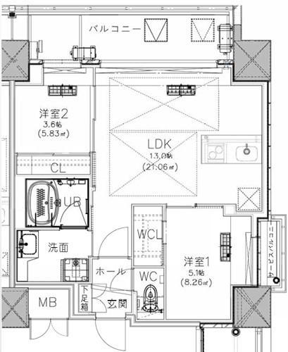 ノルデンタワー南森町アドバンス(2LDK/17階)の間取り写真