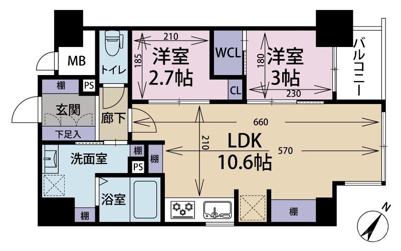 B/UNITY KIYOKAWA(2LDK/6階)の間取り写真