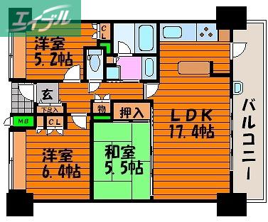 アーバンビュー城下(3LDK/12階)の間取り写真