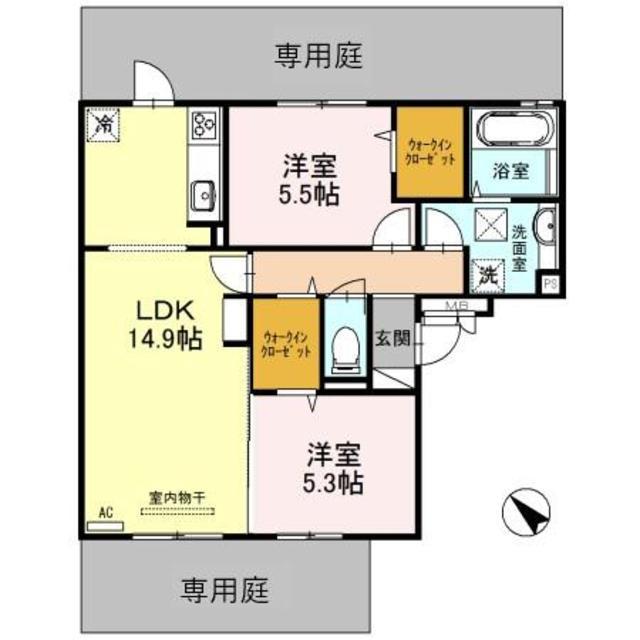 サニーヒルズ 泉大津 A棟(2LDK/1階)の間取り写真