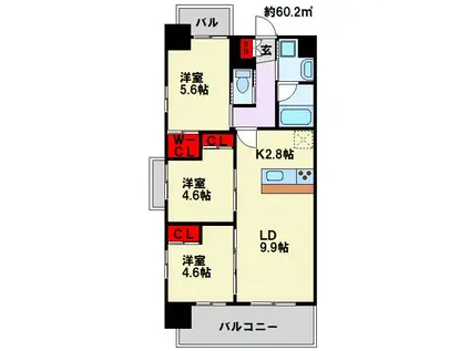 コンダクトレジデンスFUTAJIMA(3LDK/7階)の間取り写真