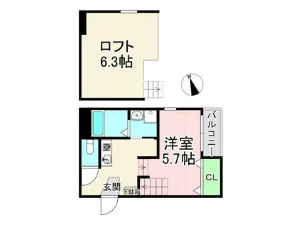 ハーモニーテラス淀下津町Ⅱ(1K/2階)の間取り写真