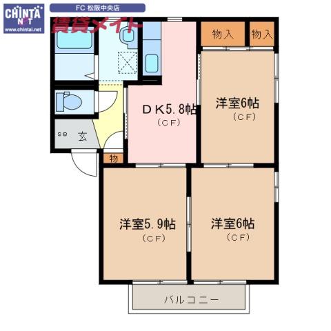 シャトーエレガンス B棟(3DK/2階)の間取り写真