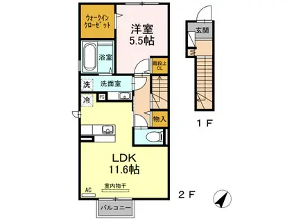 ラ・ランド上新栄B棟(1LDK/2階)の間取り写真