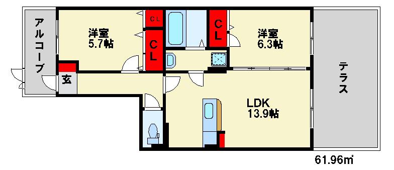 ウィンズ乙金(2LDK/1階)の間取り写真