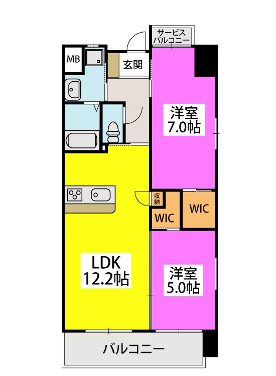 ウイングス里中(2LDK/7階)の間取り写真