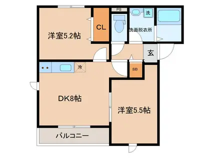 エテルナ長命ケ丘東(2DK/1階)の間取り写真