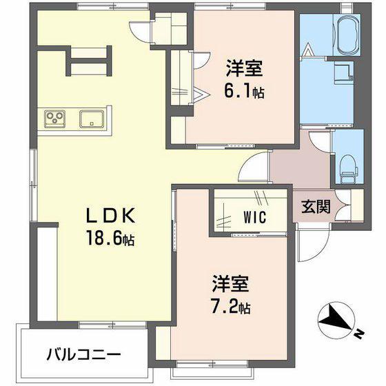 大毛寺ハイツB棟(2LDK/1階)の間取り写真