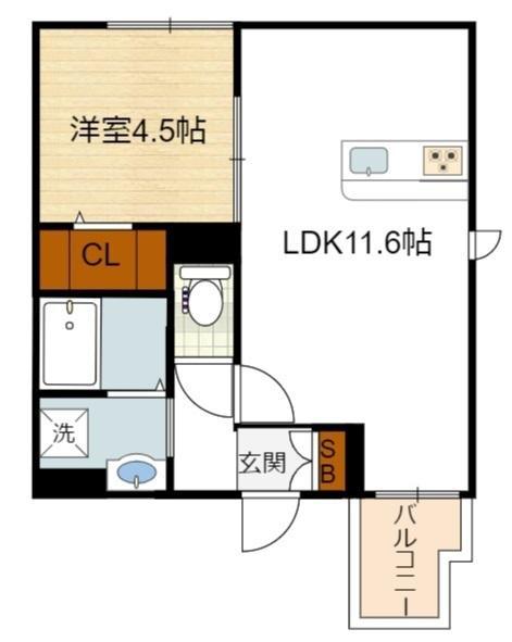 エスポワール東加賀屋(1LDK/2階)の間取り写真
