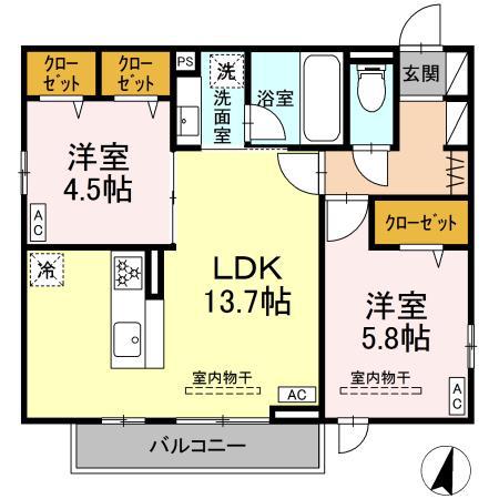 ドムスクレスト湘南台(2LDK/2階)の間取り写真