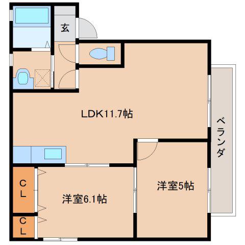 サニーサイドC棟(2LDK/2階)の間取り写真