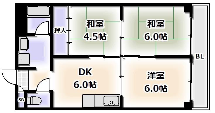 カワデンハイツIII(3DK/1階)の間取り写真
