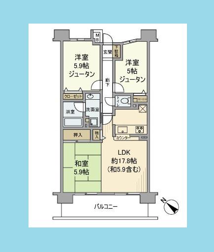 レックス川崎ピラーズコート(2LDK/9階)の間取り写真