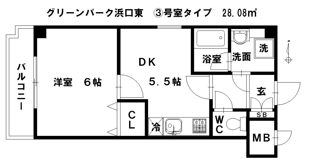グリーンパーク浜口東(1DK/6階)の間取り写真