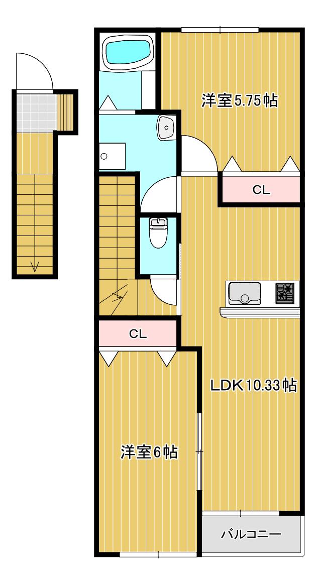 アイタウン庭瀬D棟(2LDK/2階)の間取り写真