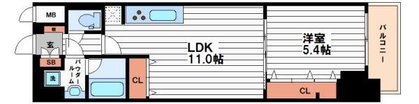 スプランディッド上本町ウエストII(1LDK/11階)の間取り写真
