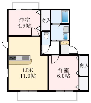 シャーメゾンキティーA棟(2LDK/2階)の間取り写真