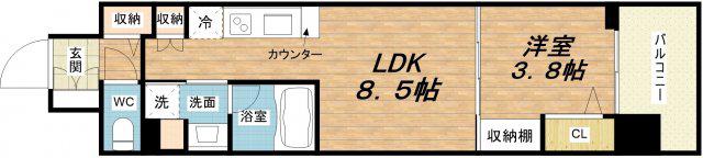アーバネックス心斎橋イースト(1LDK/13階)の間取り写真