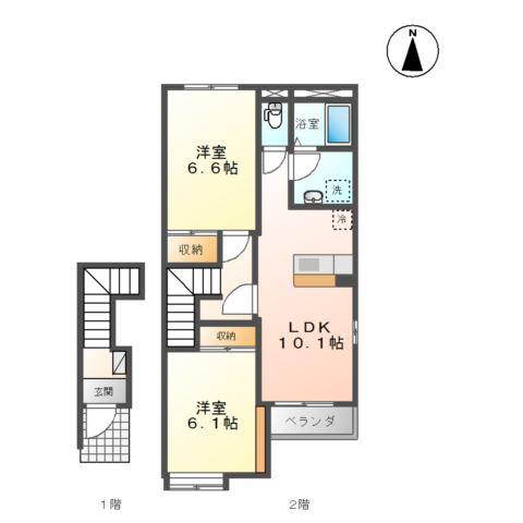 SANSA盛南(2LDK/2階)の間取り写真