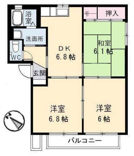 ファミール西条中央B棟(2LDK/2階)の間取り写真