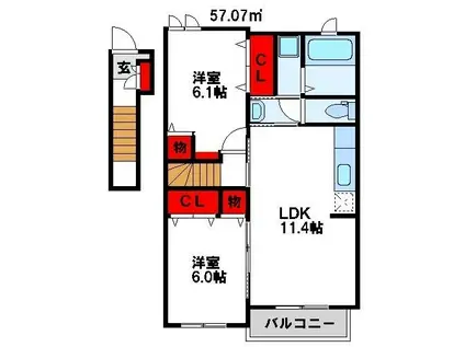 エステート桜II(2LDK/2階)の間取り写真