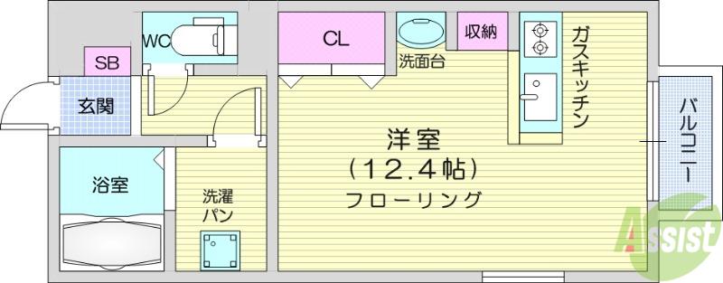 サニープレイス山手町Ⅱ(ワンルーム/2階)の間取り写真