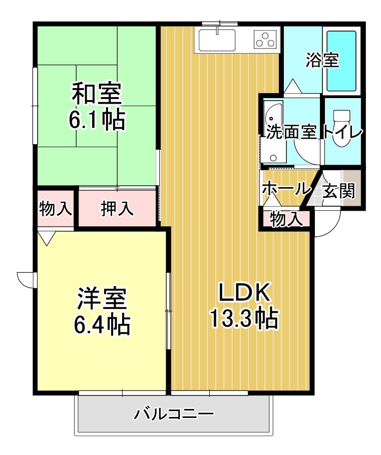 サザンコートB(2LDK/2階)の間取り写真