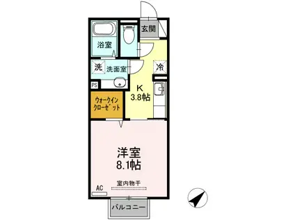 シャインリーフ山口A棟(1K/2階)の間取り写真