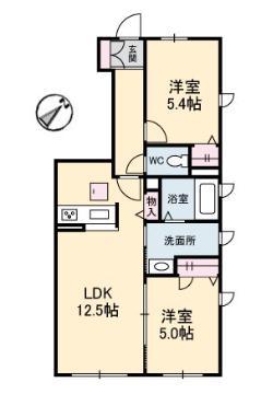 プロヌーブ生野原 B棟(2LDK/1階)の間取り写真